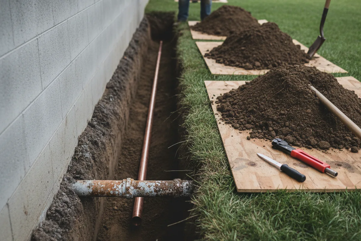 Excavated water line trench during Sewer Line Repair in Union Mills
